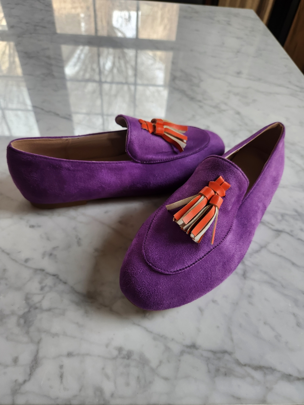 Purple Suede Loafer with orange and white tassels for comfortable wear. NEW